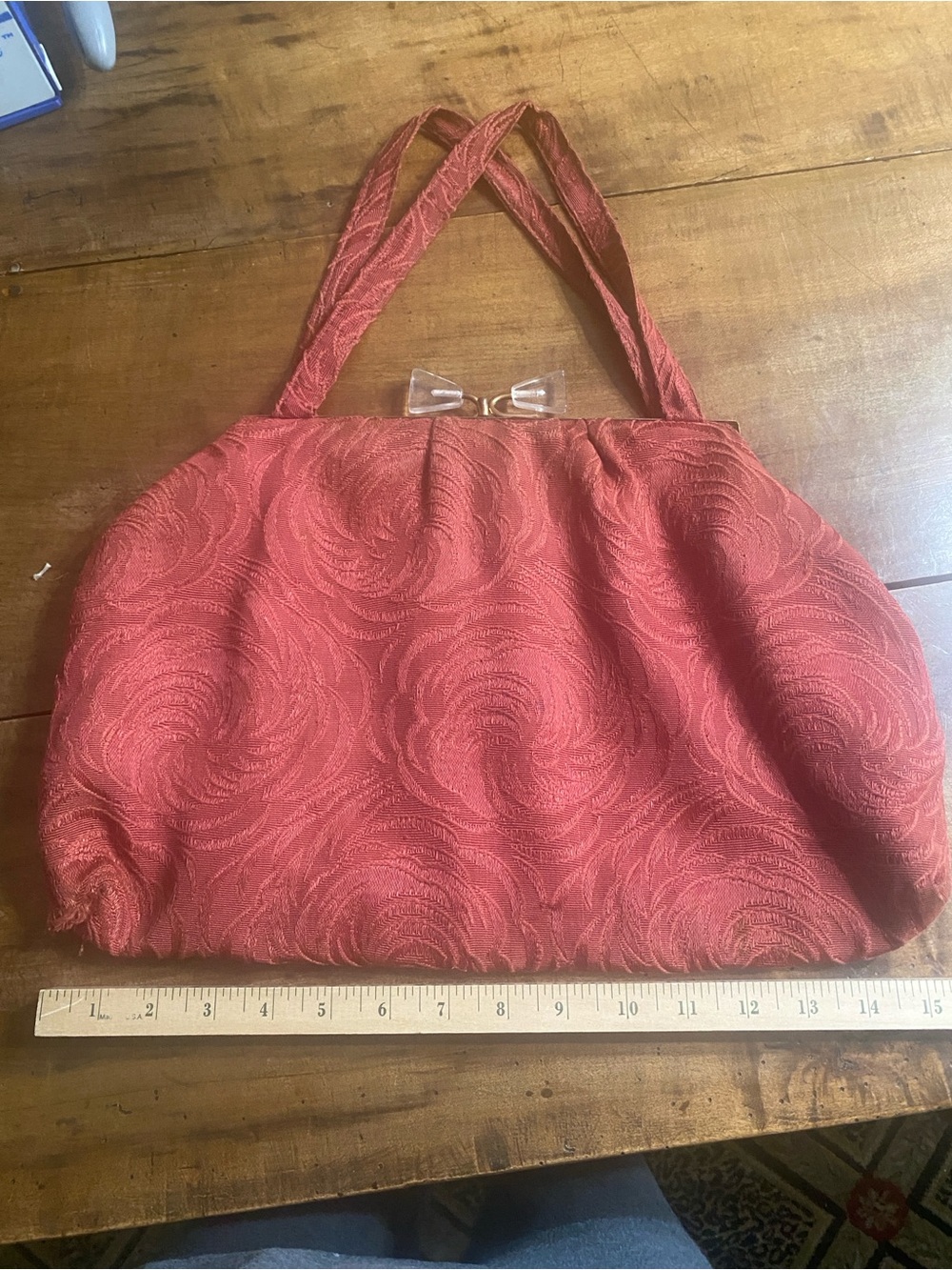Vintage Red Jacquard Handbag with Clear Bow Kiss Closer